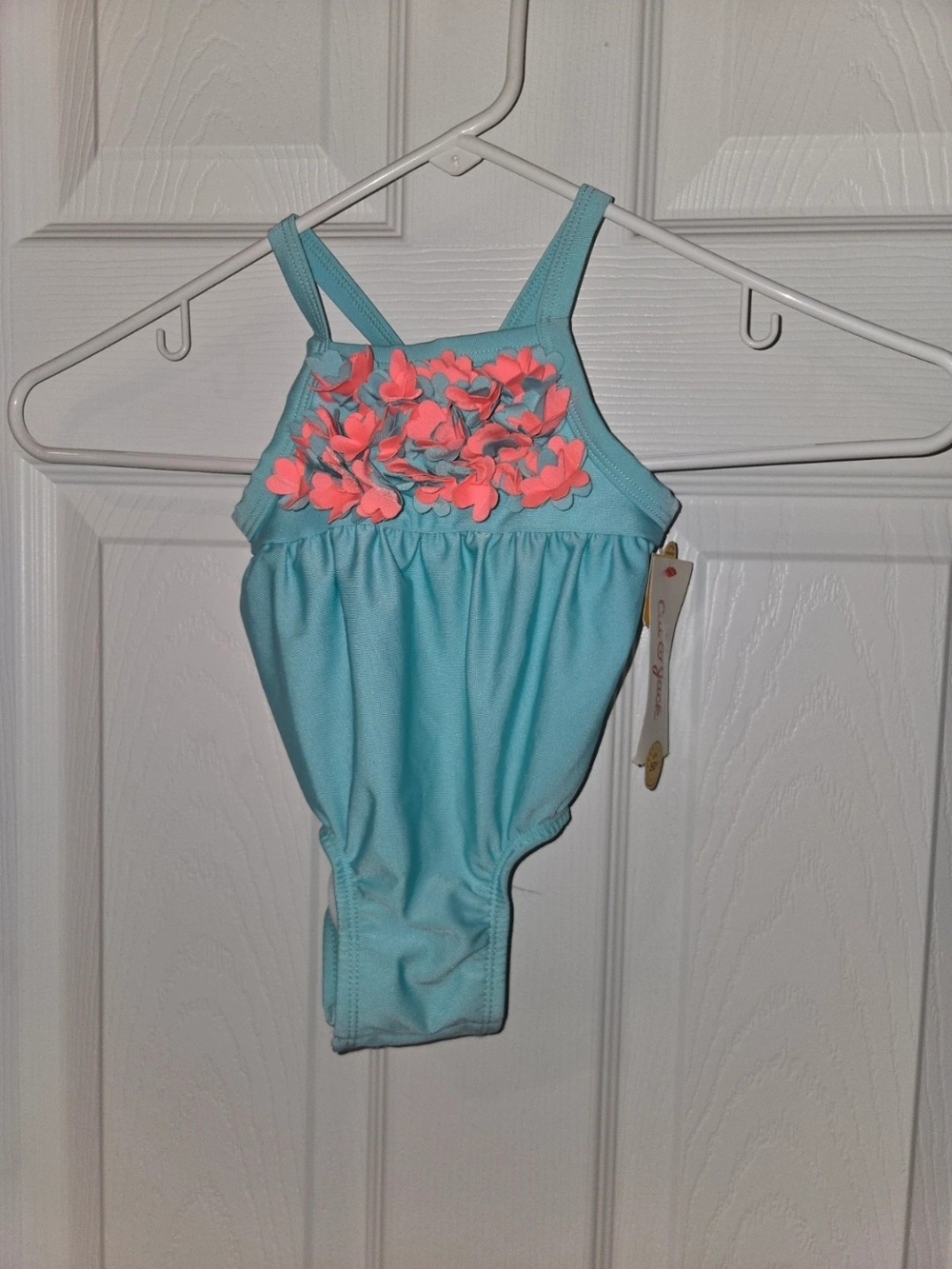 Girls Light Blue One-Piece Swimsuit with Pink Flower Accents 6 To 9 Months